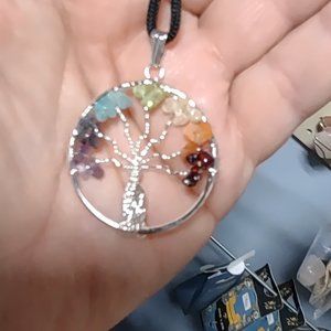 Necklace:  Tree of Life with 7 crystals (colors of chakra) on black cord